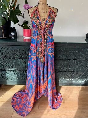 Sakkas Beaded V-Neck Maxi Dress in Blue & Orange